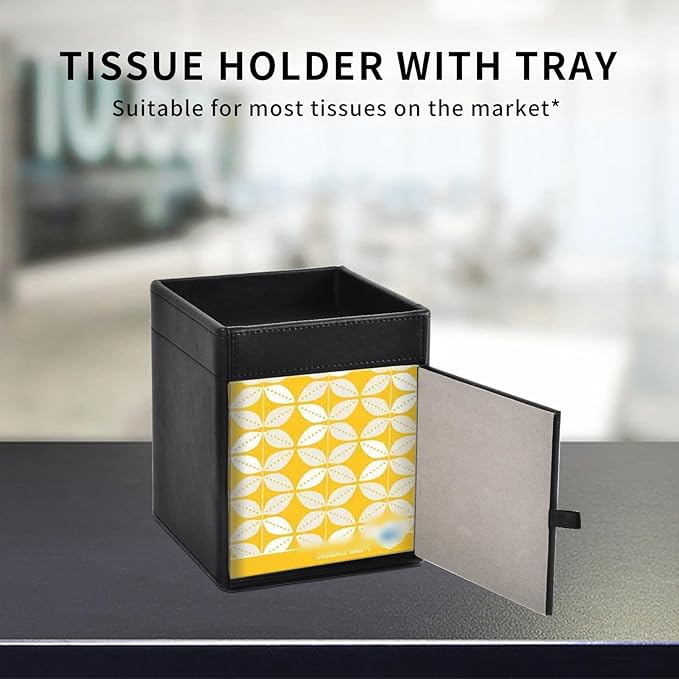 XNONE Tissue Box Cover Square Tissue Box Holder PU Leather Facial Tissues Organizer with Storage Tray for Bathroom Vanity Bedroom Office Car, Stylish Napkin Caddy Decorative Organizer (Black)