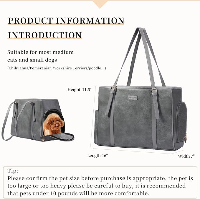 Lasaviin Fashion Dog Purse Pet Carrier Leather Bag for Small Dogs Cats Puppy, Portable Tote Bag Airline Approved Soft-Sided Carriers (Grey)