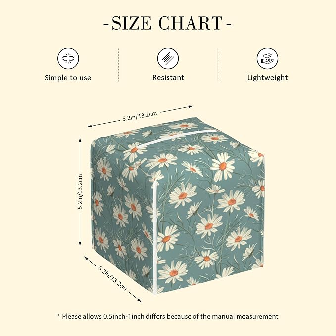 POIUBLE Leather Tissue Box Holder White Daisy Tissue Box Cover Square Waterproof Tissue Holder Organizer Modern Napkin Holder for Bedroom Dresser Night Stand Office Desk