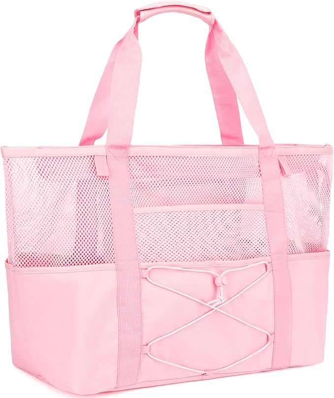 Fammart Mesh Beach Bag, Large Beach Tote with Zipper Pocket for Family Pool Bag for Toys & Vacation Essentials