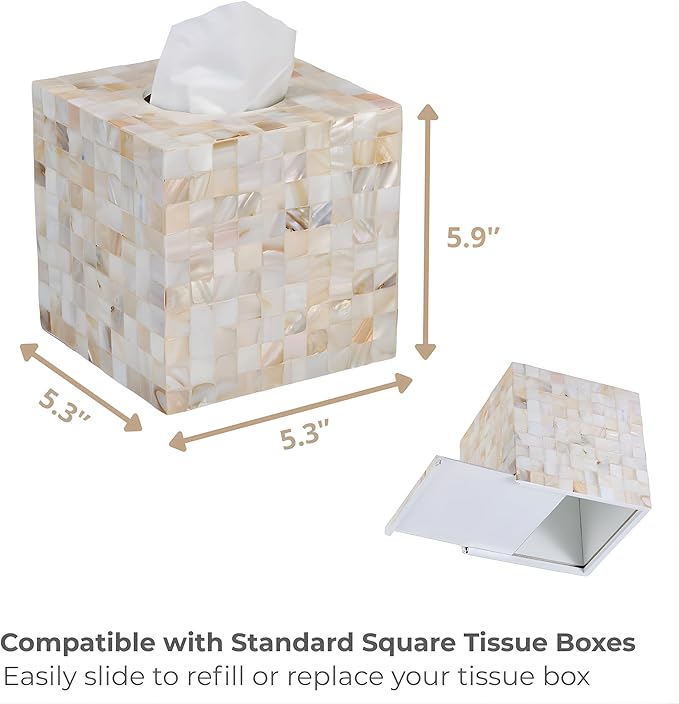 5.9” Mother of Pearl Tissue Box Cover for Kleenex and More – Handcrafted Square Tissue Holder with Sliding Bottom – Decorative Napkin Dispenser for Bathroom, Bedroom, Kitchen, Office