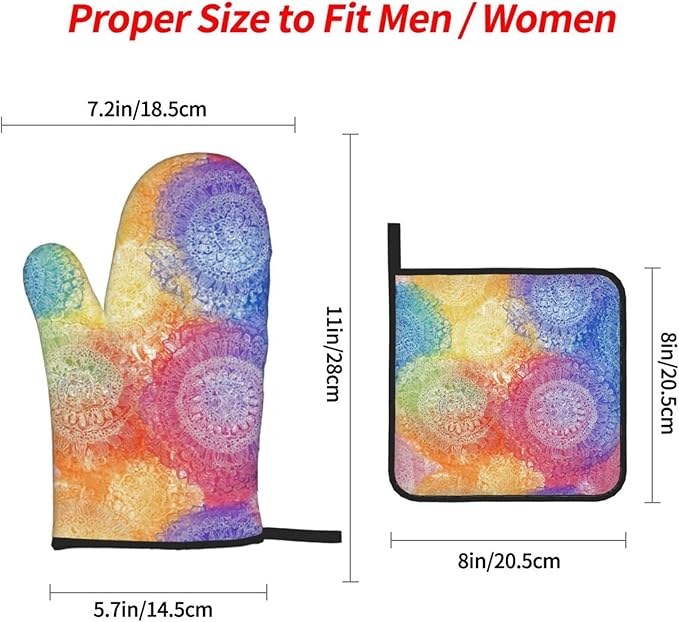 Oven Mitts and Pot Holders Sets of 4 Colorful Rainbow Mandala Pattern Kitchen Potholder Gloves Heat Resistant Non-Slip for Chef Baking Cooking Grilling BBQ Mittens