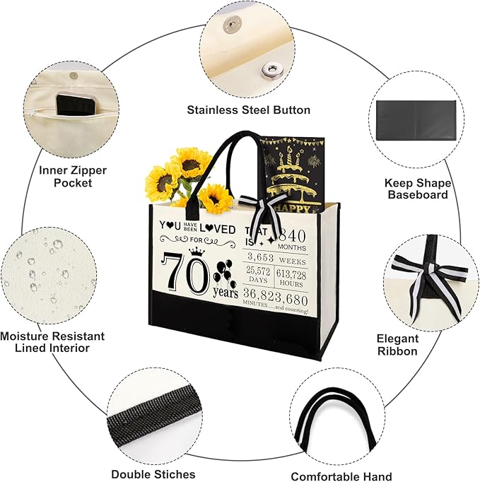 YeohJoy 70th Birthday Gifts for Women 70 and Fabulous Canvas Tote Bag Travel Gear, Unique 70 Years Old Gifts for Wife Sister Mom Aunt Friends Grandma Her, Handbag & Cosmetic Bag & 70 Birthday Poster
