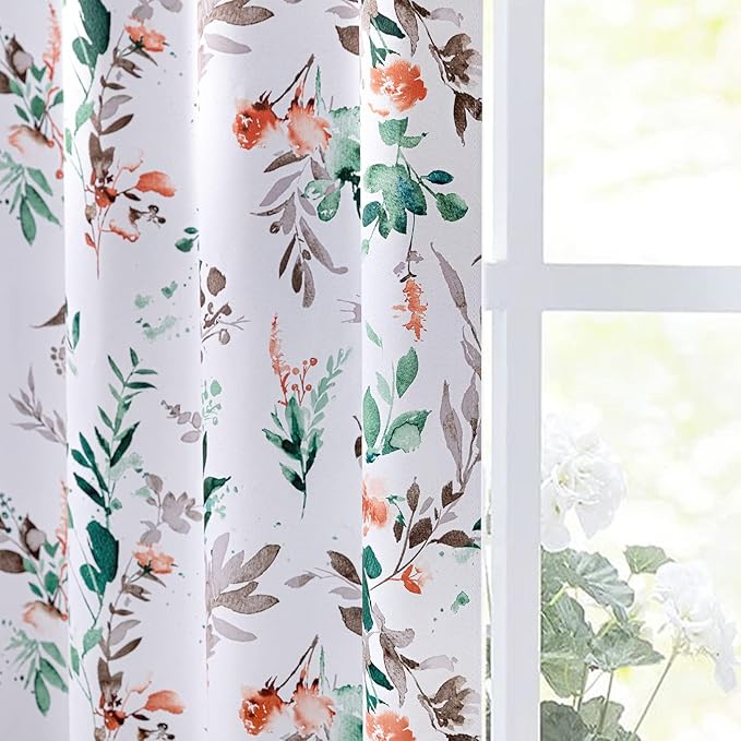 MYSKY HOME Fall Kitchen Curtains 45 Inch Long Floral Blackout Curtains for Room Darkening Thermal Insulated Panels Light Blocking Grommet Rustic Curtains for Dormer Window, 52" Wide, 2 Panels, Orange