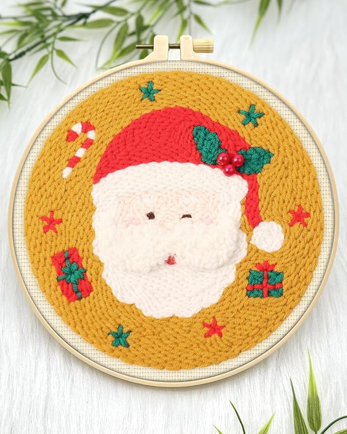 ERKOON Christmas Punch Needle Kit Adults Beginners, DIY Easy Christmas Embroidery Set for Starter Art Craft, Needling Punch Project with Patterns, Tools, Yarns, Hoop, Instruction (Santa Claus)