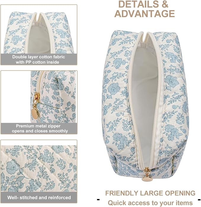 Gleyemor 2 Pieces Quilted Makeup Bag, Cute Floral Cosmetic Bag for Women, Cotton Make Up Bag Set, Flower Travel Toiletry Bag Tote Bag Organizer (Blue Floral+ Pink Rose)