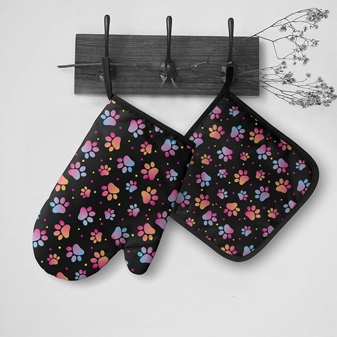 Dog Animal Paws Print Oven Mitts and Pot Holders Insulated Gloves & Kitchen Counter Safe Mats for Cooking BBQ Baking Grilling (2-Piece Set)