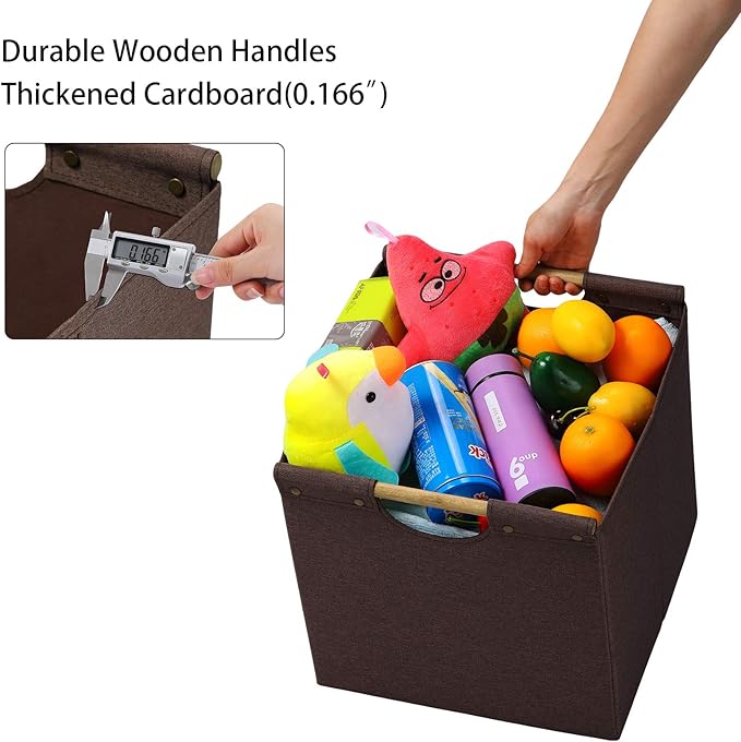 HOONEX Collapsible Storage Bins, 13x13x13 Inches Storage Cubes Linen Fabric, 3 Pack, Storage Baskets with Wooden Carry Handles and Sturdy Heavy Cardboard, for Home, Office, Car, Nursery, Brown
