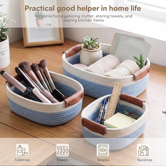 ECDYQXVU 5 Piece Storage Baskets Small Woven Basket with Detachable Leather Handle, Cotton Rope Shelf Baskets for Closet Organizers, Different Sizes Basket Decor, White Blue