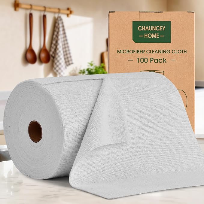 CHAUNCEY HOME Microfiber Cleaning Cloth Roll - 100 Pack Tear Away Microfiber Paper Towels, Reusable, Washable, Scratch-Free, Kitchen Towels for Car, Home, Kitchen, Glass, Dishes (Light Grey)