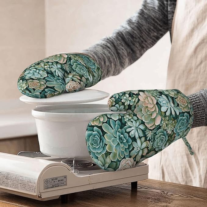 Heat Resistant Oven Mitts 2 Pack, 500°F Silicone Oven Gloves with Non-Slip Grip, Soft Quilted Cotton Lining for Baking, Grilling, BBQ, Cooking (Succulents)