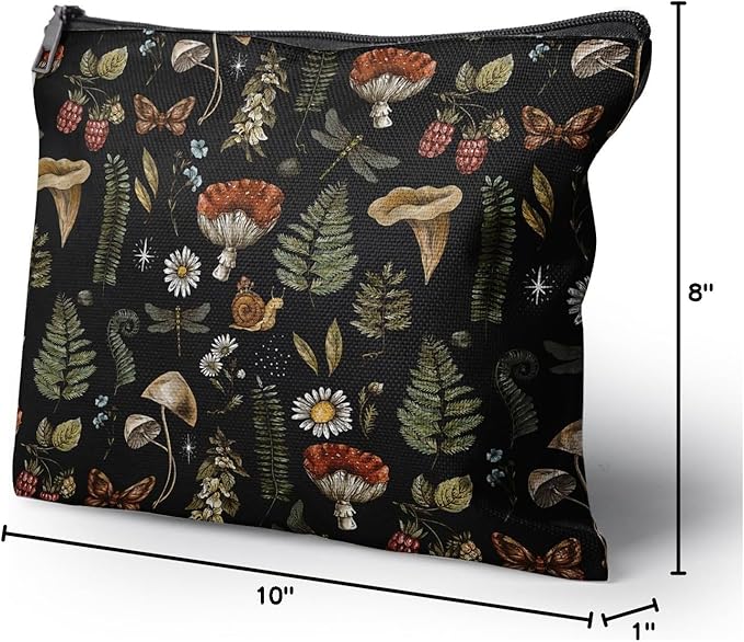 Cafl Vintage Woodland Makeup Bag Travel Large Mushroom Fern Cosmetic Bag Organizer toiletry Essentials Jewelry Skincare Zipper Bag For Women -10×8 inch