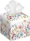 Watercolor Wildflowers Butterfly Dragonfly Tissue Box Cover Square Leather Tissue Holder Waterproof Facial Paper Organizer Dispenser Cube Paper Cover Case for Home Office Bathroom Vanity Countertop