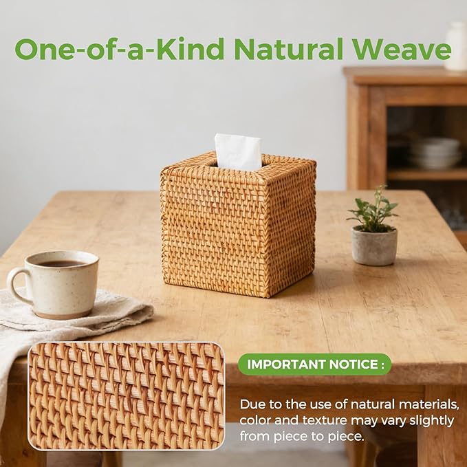 2 Pack Natural Rattan Tissue Box Cover, Hand Woven Square Wicker Holder for Facial Tissues, Wicker Napkin Holder Ideal for Bathroom Living Room, Tissue Holders Decorative for Kitchen Office and Desk