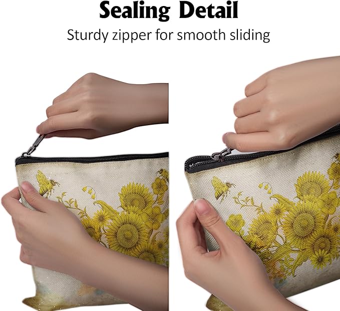 Cafl Retro Honey Bees Makeup Bag Travel Large Elegant Floral Cosmetic Bag Organizer toiletry Essentials Jewelry Zipper Bag Gift For Women -10×8 inch