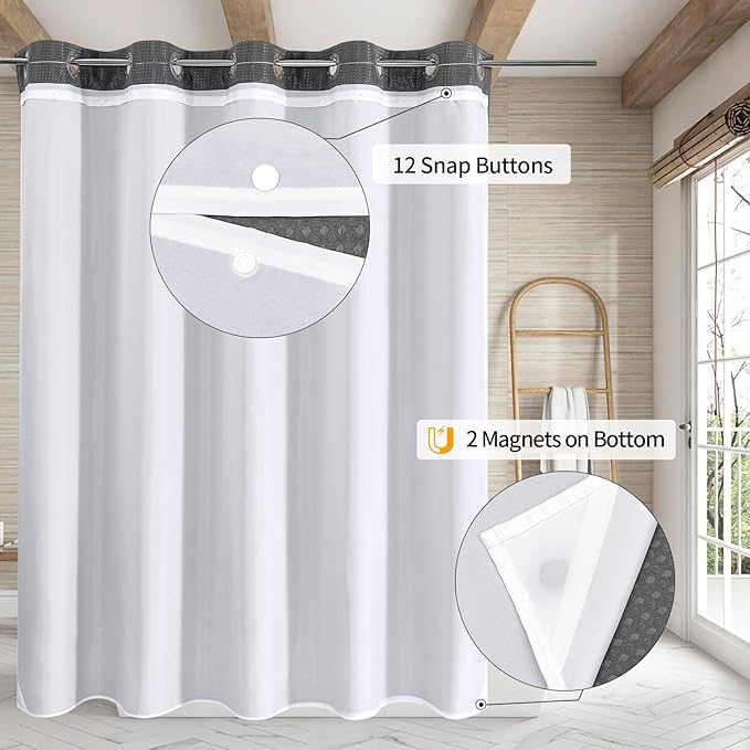 MitoVilla Grey Long Shower Curtain Liner Set 72 x 80, No Hooks Needed 80 inch Long Heavyweight Waffle Fabric Shower Curtain Set with Snap-in Liner for Hotel Grade Spa-Like Bathroom Decor