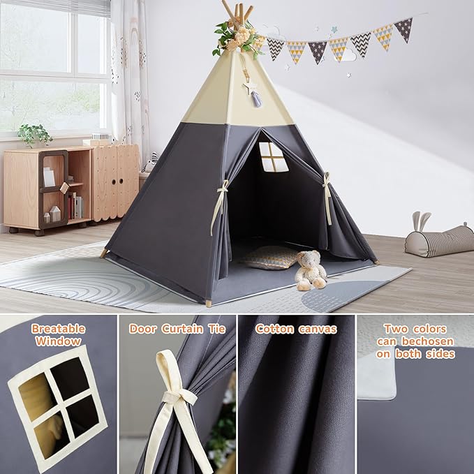 RONGFA Teepee Tent for Kids, 100% Cotton Play Tent with Mat, Kids Teepee Tent with Colored Flag, Quality Portable Play Tent with Carry Bag for Girls and Boys Indoor Outdoor (Beige Gray with Mat)