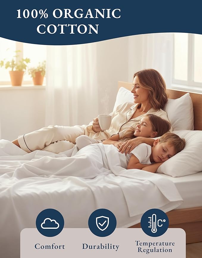 LANE LINEN 100% Organic Cotton Twin Sheets Set, 3Pc Twin Bed Sheets, Soft & Comfy Breathable Cotton Percale Sheets for Twin Size Bed, Dorm Room Essentials Low Pill Fade Resistant White Sheets