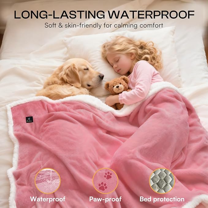 Luciphia Waterproof Bed Blanket Washable,Soft Sherpa Fleece Puppy Reversible Throw Blankets for Medium Large Dog Cat,Furniture Cover Protector Couch from Liquid Pee and Pet Fur,Pink White,65" x 57"