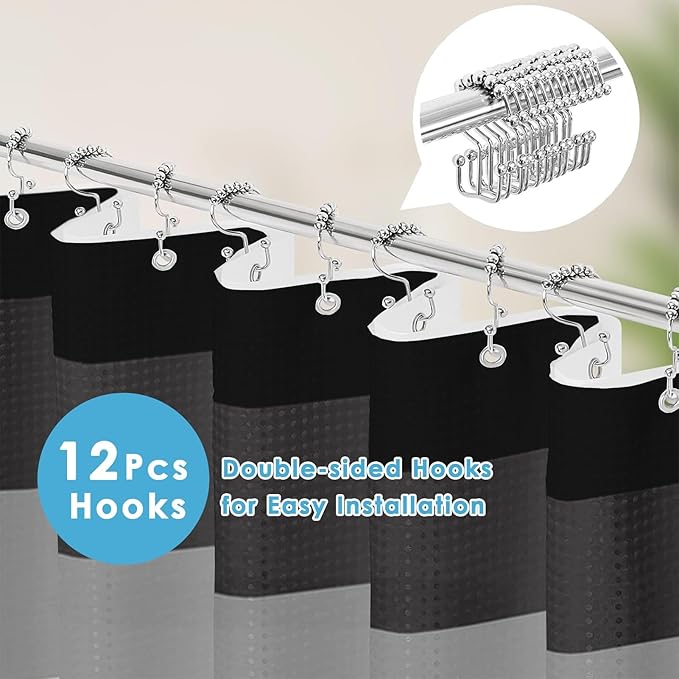 Nesphy Shower Curtain and Liner, Grey and Black White Striped 3 in 1 Shower Curtain and PEVA Liner Set with 12 Rust-Resistant Metal Hooks, Waterproof Fabric Shower Curtains for Bathroom, 72 W x 72 H