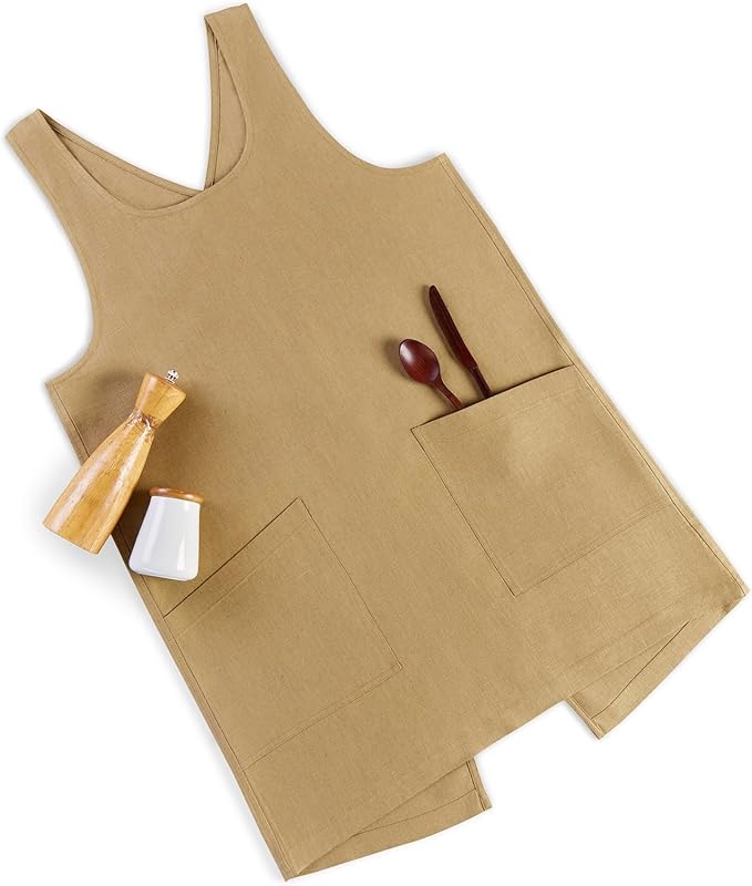 Solino Home Cross Back Linen Apron with Pockets for Gardening, Kitchen - Kelp Pinafore Smock Apron 100% Pure Linen for Men & Women - Handcrafted from European Flax