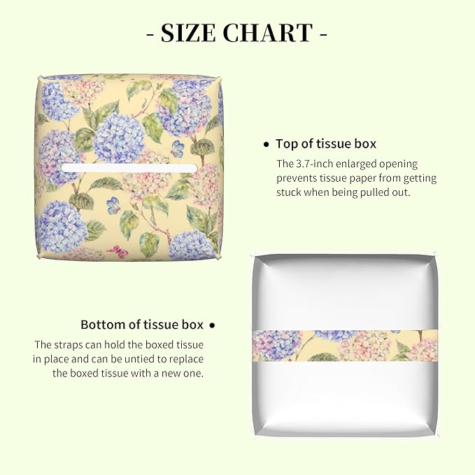 Watercolor Hydrangeas and Butterflies Tissue Box Cover Square Leather Tissue Holder Waterproof Facial Paper Organizer Dispenser Cube Paper Cover Case for Home Office Bathroom Vanity Countertop