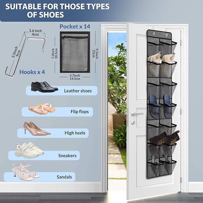 Makryebi Door Shoe Organizer with 14 Mesh Pockets, 59”H x 11.8”W inches, Clear Storage Pockets, 2 Pack,Grey