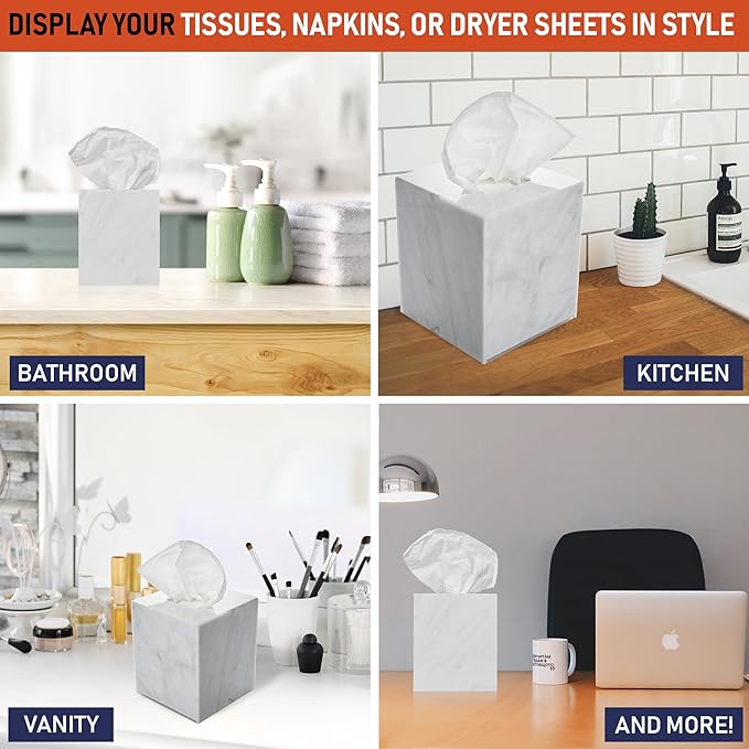Acrylic Tissue Box Holder, Square Dispenser for Facial Tissues, Napkins, and Dryer Sheets. Perfect for Bathrooms, Desks, Countertops, Vanities, Bedrooms, and Nightstands (Square, Marble)