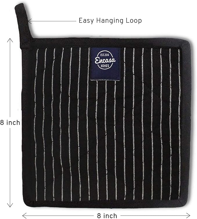Encasa XO 8 inches Oven Microwave Potholders (2 pc Set) for Kitchen Cooking & Baking - Heat Resistant, Thick & Safe, Protection of Hands from Hot Utensils - Butcher Stripes Black