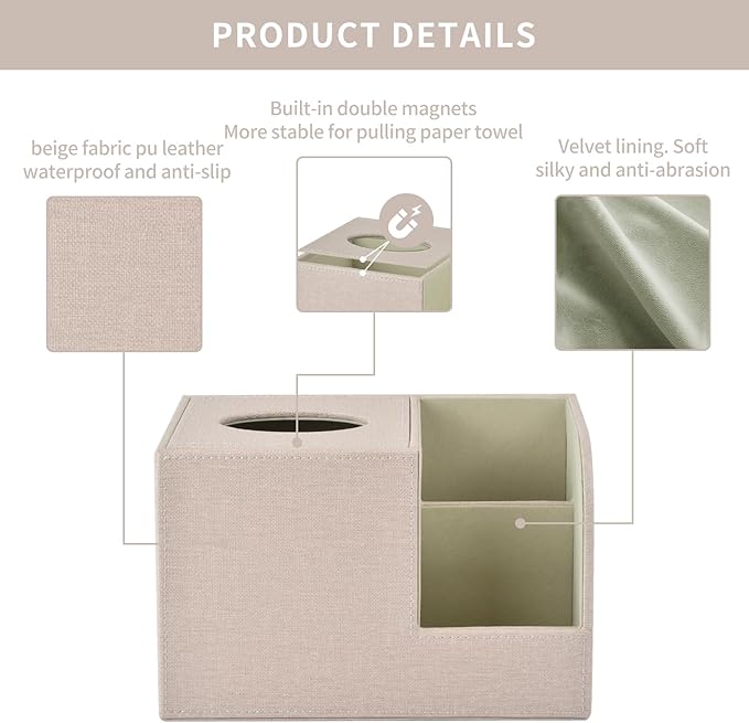 XNONE PU Leather Square Tissue Box Cover,Multifunctional Tissue Box Holder,Tissue Box with Storage,Tissue and Remote Control Holder,Tissue Box Decorative Desk Organizer for Home&Office,Beige