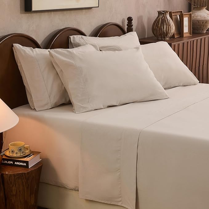 100% Linen Sheet Set Cal King Size Extra Deep Pocket Fits 18-24 Inch Mattress, Breathable & Soft, Smooth 6-Piece Set for Thick Mattresses Hotel Luxury Bedding（Cal King, Linen）