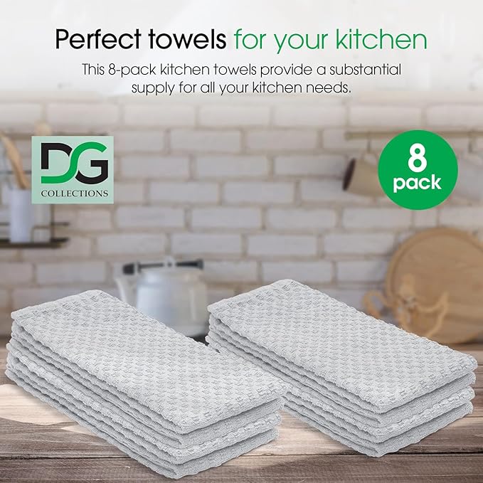DG Collections Ash Grey Kitchen Towels - 100% Cotton Terry Tea Towels for Cleaning, Drying, and Highly Absorbent Kitchen Dish Cloth for Bar Cleaning - 8 Pack - 15 x 25 Inches