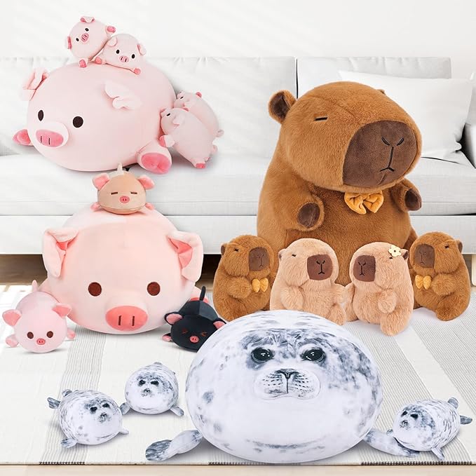 Achwishap 19.6” Seal Stuffed Animal Mommy with 3 Seal Baby Plush Toy,4pcs Seal Plush Pillow,Cute Plushie Seals Hugging Pillow Cuddle Plushie for Kids Girls Boys Birthday Gifts(Seals Family)