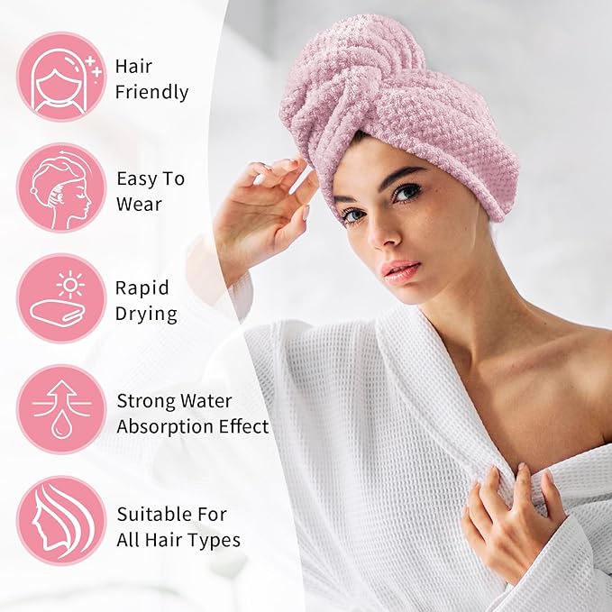 my novel things 3 Pack Hair Towel Wrap for Women, 25.4" x 9.8" Microfiber Towels, Super Absorbent Quick Dry with Button for Curly Hair Anti Frizz (Pink,White,Purple)