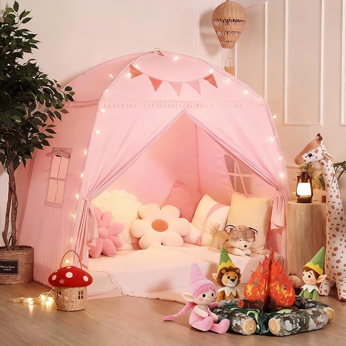 Sumbababy Large Teepee Tent for Kids: with Star Lights - Tent for Toddler Indoor Kids Teepee Tent for Boys & Girls - Toddler Play Tent Inside Canopy Bed for Playroom Gift Toys (Pink)