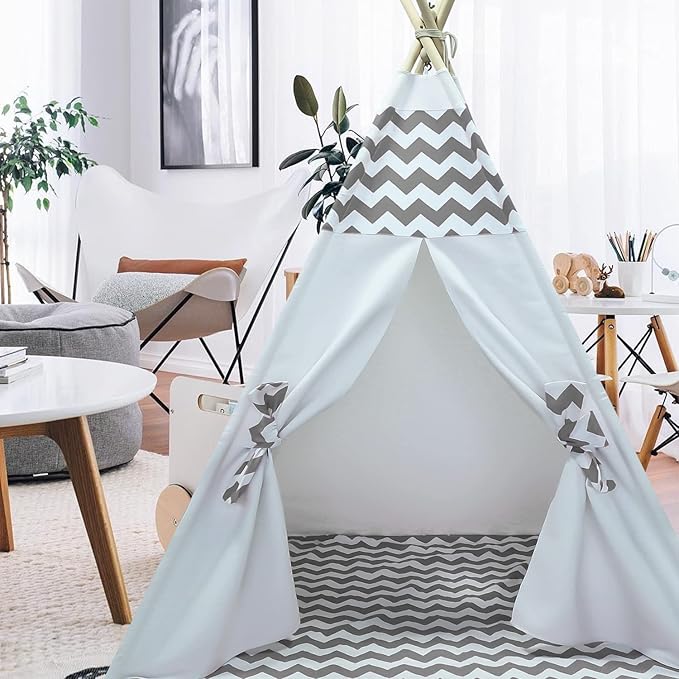 Ukadou Boys Teepee Tent for Kids Teepee Baby Teepees for Boys Girls Baby Kids Tent Indoor Tepee Grey Chevron Tepees Toddler Tent with Floor & Carry Case