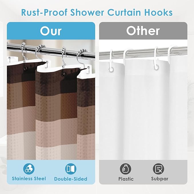 Nesphy Shower Curtain and Liner, Brown Striped 3 in 1 Shower Curtain and PEVA Liner Set with 12 Rust-Resistant Metal Hooks, Waterproof Fabric Shower Curtains for Bathroom, 72 W x 72 H