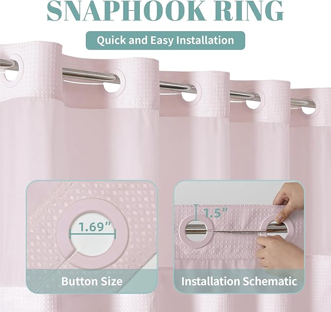 eachope BlushPink No Hook Waffle Weave Shower Curtain with snap-in Liner Replacement, 230GSM Waterproof Fabric Hotel Shower Curtain Set for Bathroom, Through Mesh Top Window,54Wx80H