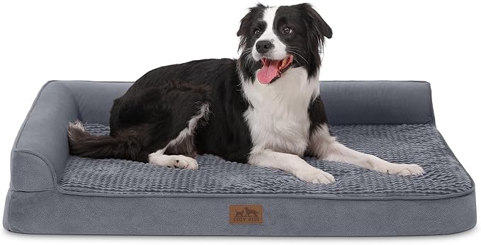 COZY KISS Orthopedic Dog Bed for Large Size Dog, XL Dogs Crate Bed, L Shaped Foam Anti-Slip Bottom Pet Cat Sofa with Washable Removable Cover, Suitable for Pet Up to 100 lbs, 42x30x7.5 inch, Grey