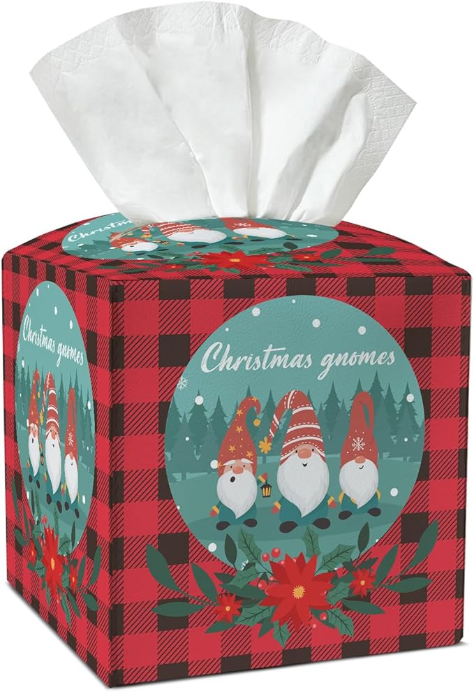 Christmas Gnomes Tissue Box Cover, Leather Tissue Holders Decorative for Home Office Kitchen Bathroom Organizer, Square Facial Paper Organizer Christmas Table Decor -037