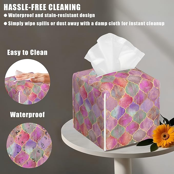 BLYKVGHQ Pink Moroccan Quatrefoil Tissue Box Cover Square, Tissue Box Holder with Bottom Belt Leather Facial Paper Organizer Dispenser for Bathroom Bedroom Dresser Night Stand Tabletop