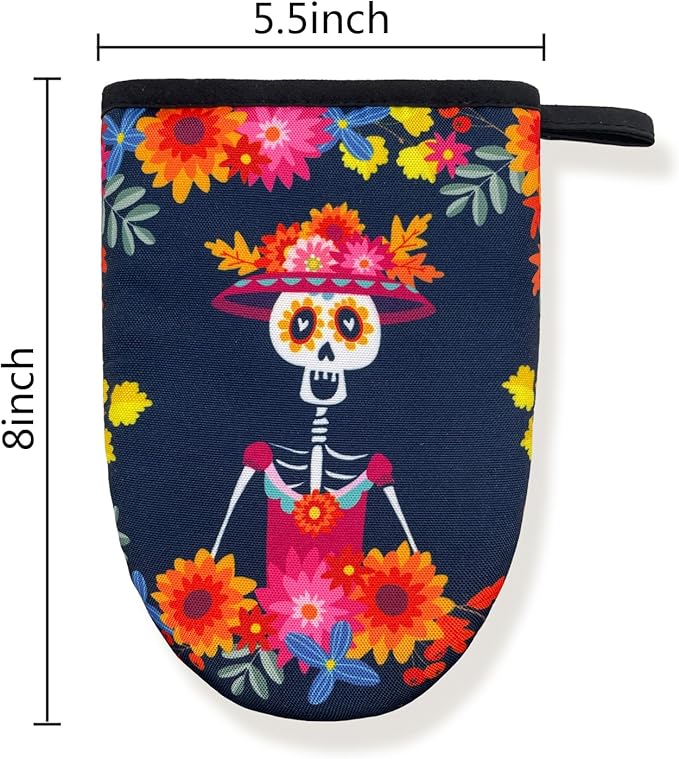 Dia De Los Muertos Mexican Day Skull Mini Silicone Oven Mitts, Heat Slip Resistant Kitchen Gloves 2-Pack Set, Soft Short Small Oven Mittens Pot Holders for Baking Grilling Barbecue Microwave Gift