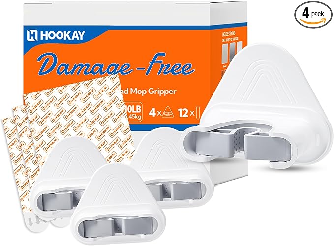 hookay 10lbs Broom and Mop Grippers Wall Hooks, 4 Hangers and 12 Adhesive Strips, Damage-Free No Tools Hanging Organizer for Home Organization, Holds up to 10 lb