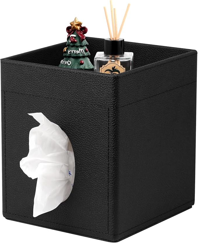 Lorteme Tissue Box Cover, PU Leather Square Tissue Box Holder with Upper Storage Tray for Bathroom/Countertop/Nightstand/Office Table - Black