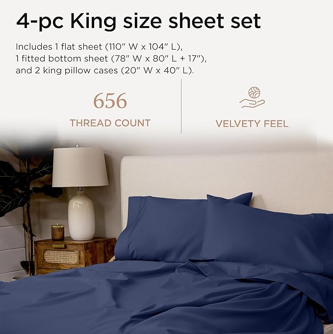 Threadmill American Supima King Size Sheets Set | 656 Thread Count 4 Piece Luxury Bed Sheets for King Size Mattress | 5 Star Hotel Quality Sheets with Elasticized Extra Deep Pocket | Folkstone Blue