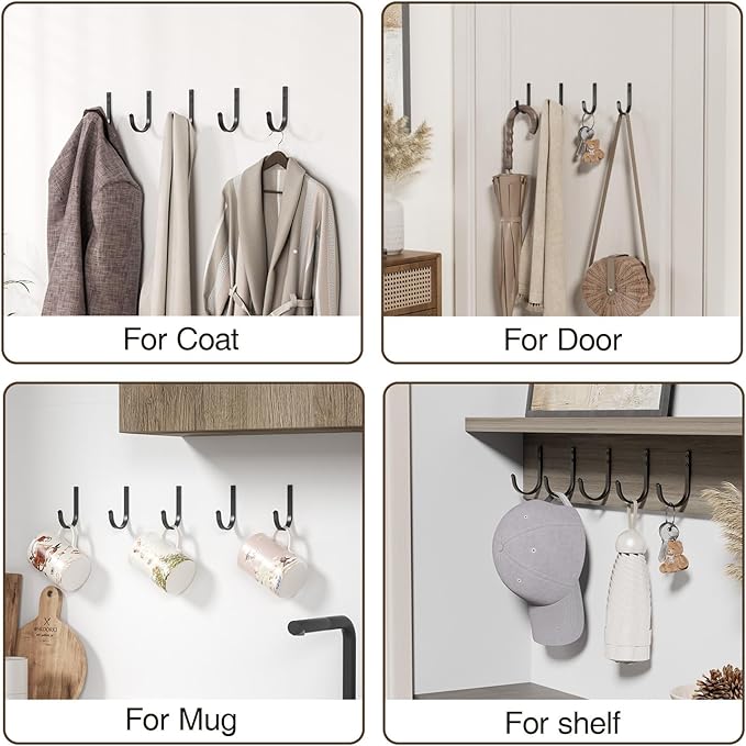 Josmimic 20-Pack Wall Hooks for Hanging Towel/Coat - 22LB Screw in Metal Hanger Wall Mount, for Outdoor, Closet, Door, Bathrooms, for Backpack, Robe, Black