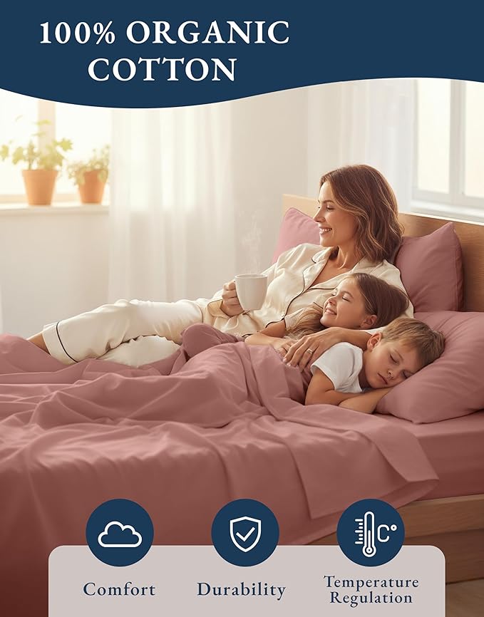 LANE LINEN 100% Organic Cotton Twin Sheet Set, Soft & Comfy Premium Bedding Sheets & Pillowcases, Luxury Hotel Like Percale Sheets, Reinforsed French Seam in Fitted Sheets Pocket - Rose Dawn