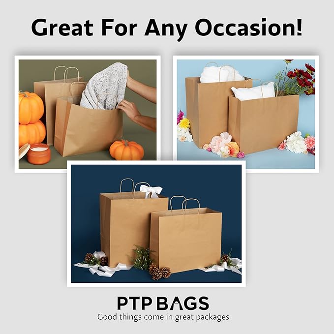 Natural Brown Kraft Paper Bags with Reinforced Handles 11" x 6" x 11" - Sturdy Die Cut Tote Bag for Baby Shower, Gift, Food Service, Shopping, Small Business, Takeout, Bakery, Restaurants -100 Pack