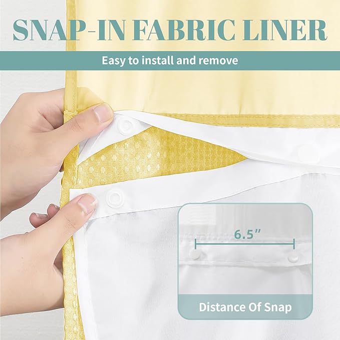 eachope Yellow No Hook Waffle Weave Shower Curtain with snap-in Liner Replacement, 230GSM Waterproof Fabric Hotel Shower Curtain Set for Bathroom, Through Mesh Top Window,71Wx77H