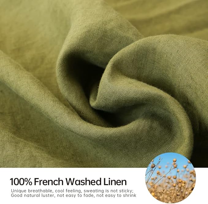 Simple&Opulence Washed Linen Bed Sheet Set Basic Style 4 Pieces (1 Flat Sheet & 1 Fitted Sheet & 2 Pillowcases) 100% Natural French Flax Soft Breathable Farmhouse Bedding (King, Olive Green)